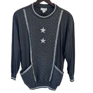 Vintage 90s Adolfo Collectibles Quilted Sweater Women’s Large Gray Star Retro